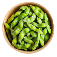 Holzschale mit blanchierten Edamame in der Schote