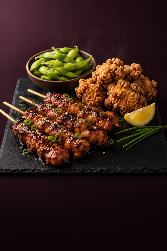 Glasierte Yakitori-Spieße mit Frühlingszwiebeln, knuspriges Karaage, eine Schale Edamame und eine Zitronenspalte auf einer Schieferplatte