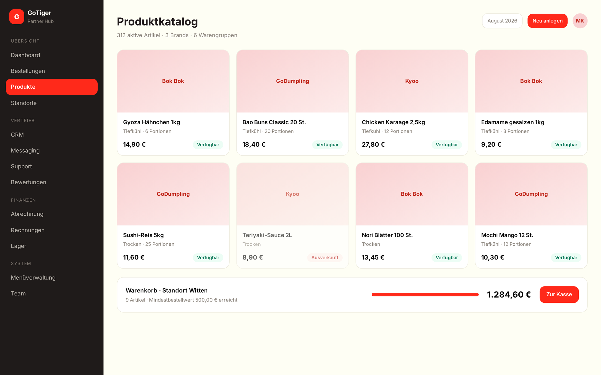 Produktkatalog im Partner Hub mit Warenkorb je Standort und Mindestbestellwert